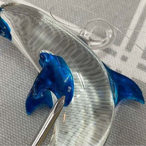 Dolphin Hand Blown Glass Clear & Blue Sun Catcher 2-5/8” x 3” Hanging Ornament - Picture 6 of 6